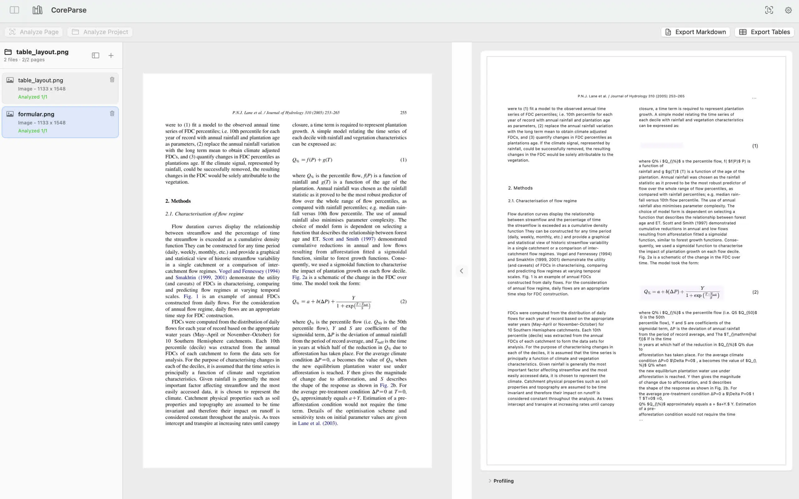 CoreParse analyzing a scanned academic document with OCR results side by side
