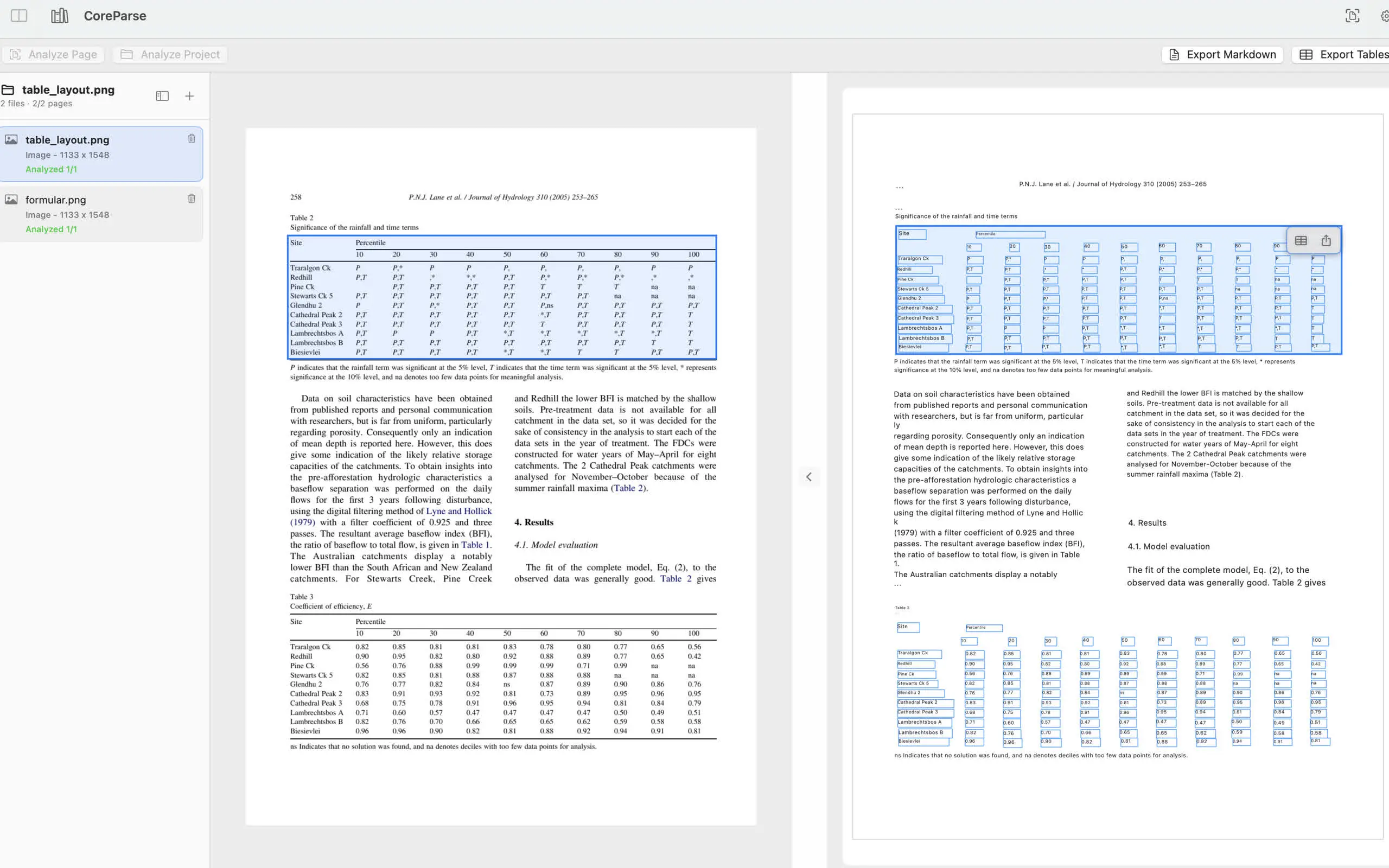 CoreParse showing recognized table cells on a PDF page